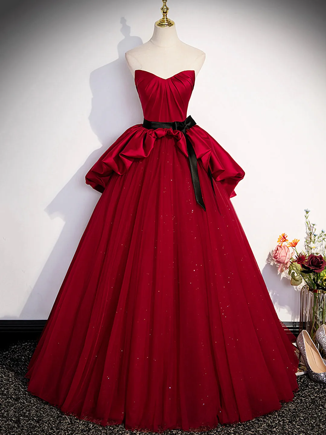 Burgundy Sweetheart Neck Formal Dress, A-Line Tulle Floor Length Prom Dress