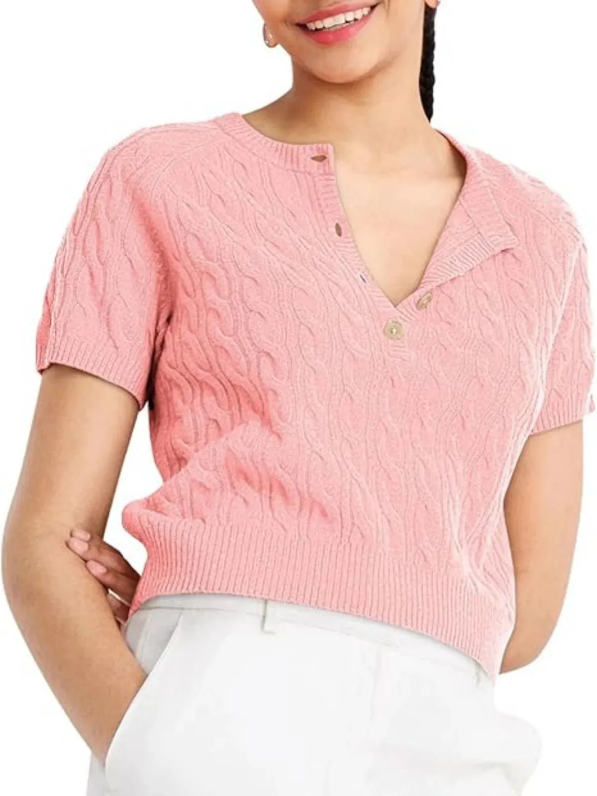 Button Crew Neck Elegant rendy Solid Color Knitted Sweater