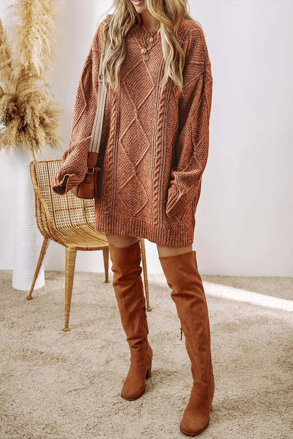 Cable Knit Drop Shoulder Loose Fit Sweater Dress