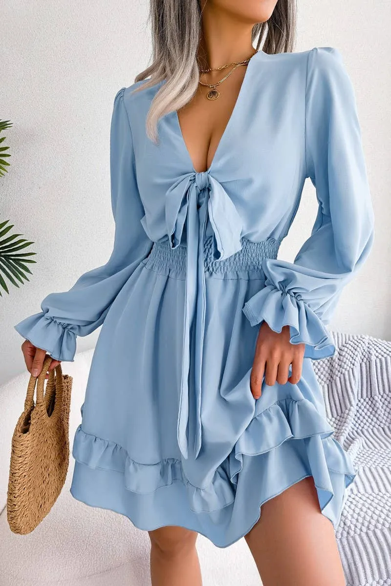 CASUAL DEEP V TIE UP WOODEN EAR SIDE SWING DRESS_CWDSD3014