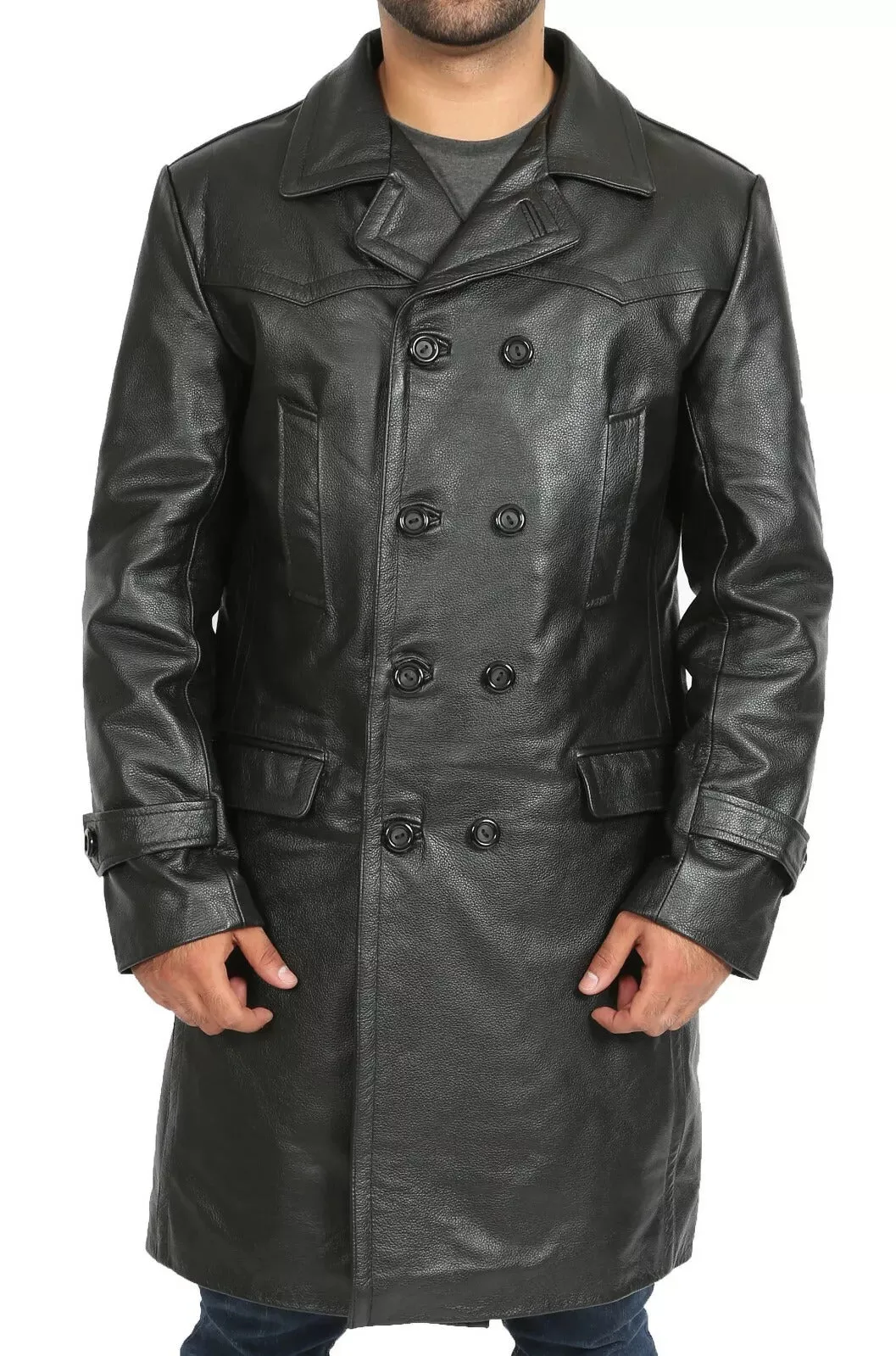 Classic Double-Breasted Leather Trench Coat