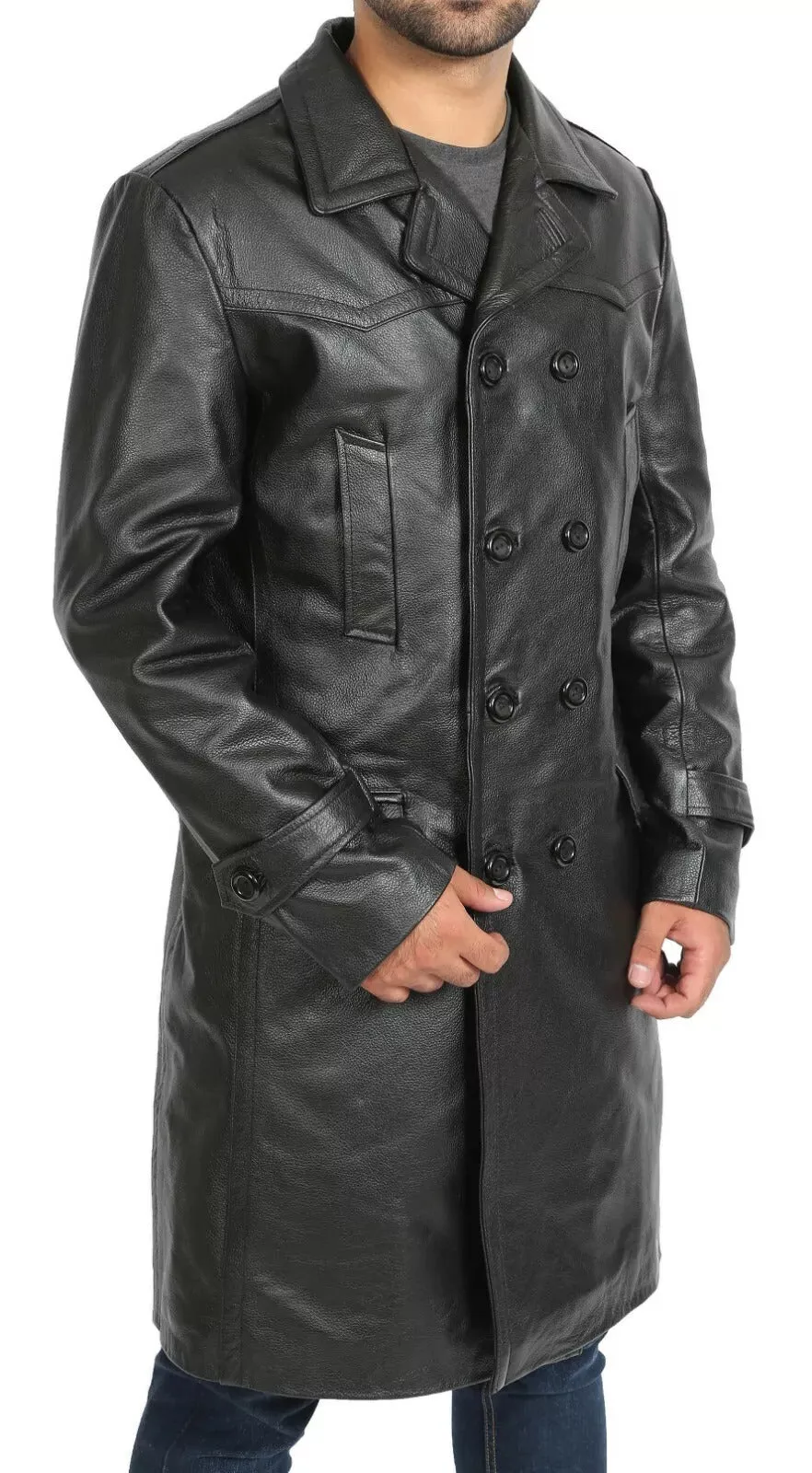 Classic Double-Breasted Leather Trench Coat