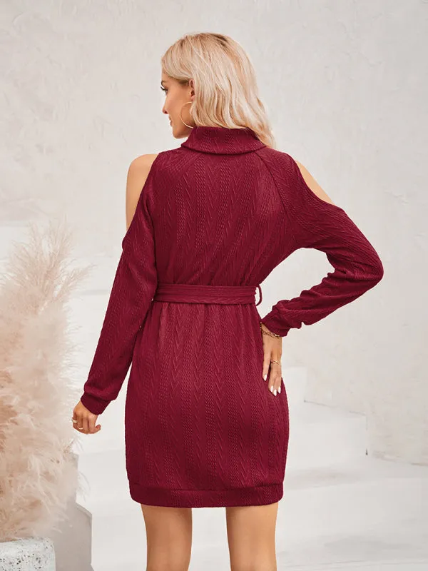 Cozy Knitted Cold Shoulder High Neck Sweater Dress with Belt