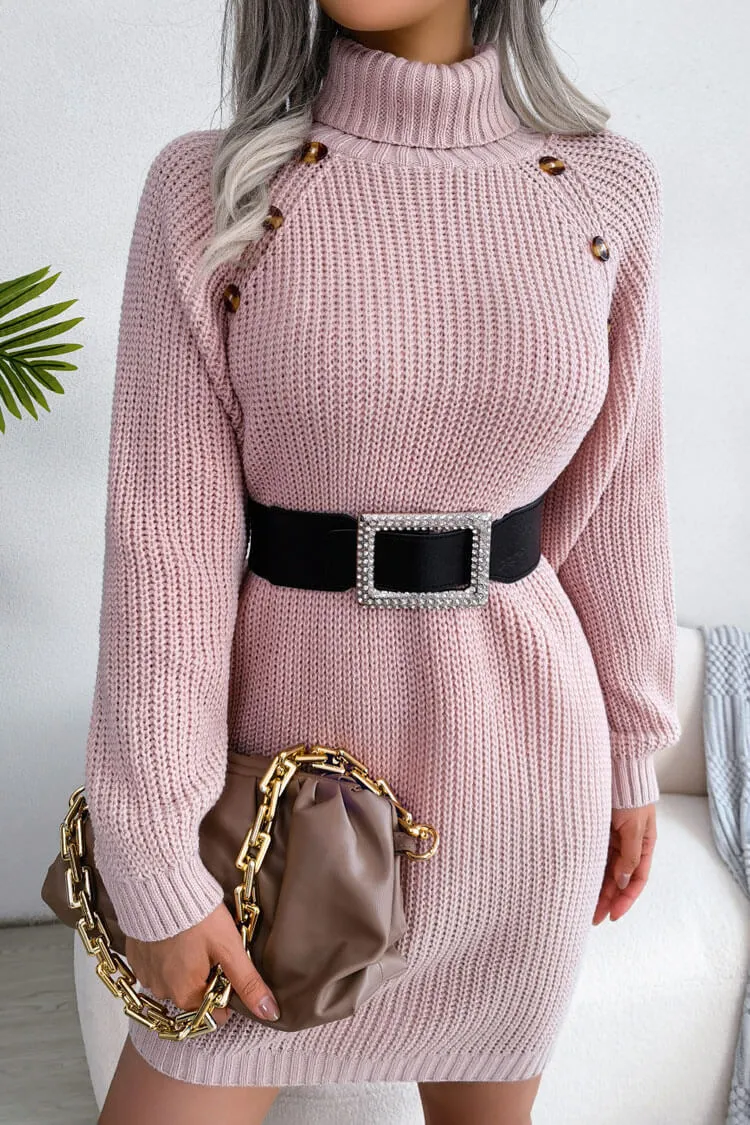 Cozy Winter Button Trim Ribbed Turtleneck Sweater Mini Dress - Pink