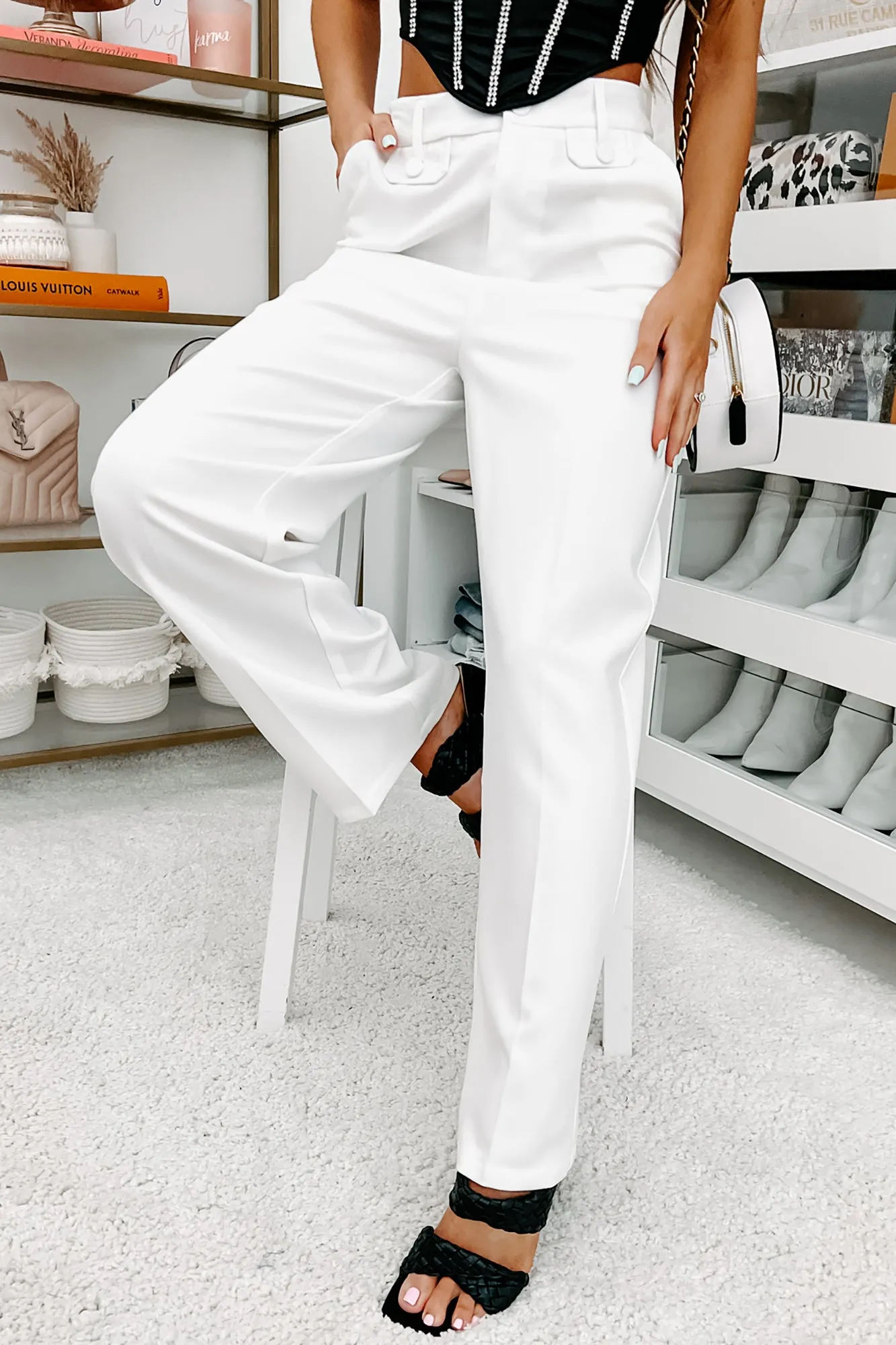 Crunching Numbers High Waisted Straight Leg Pants (White)