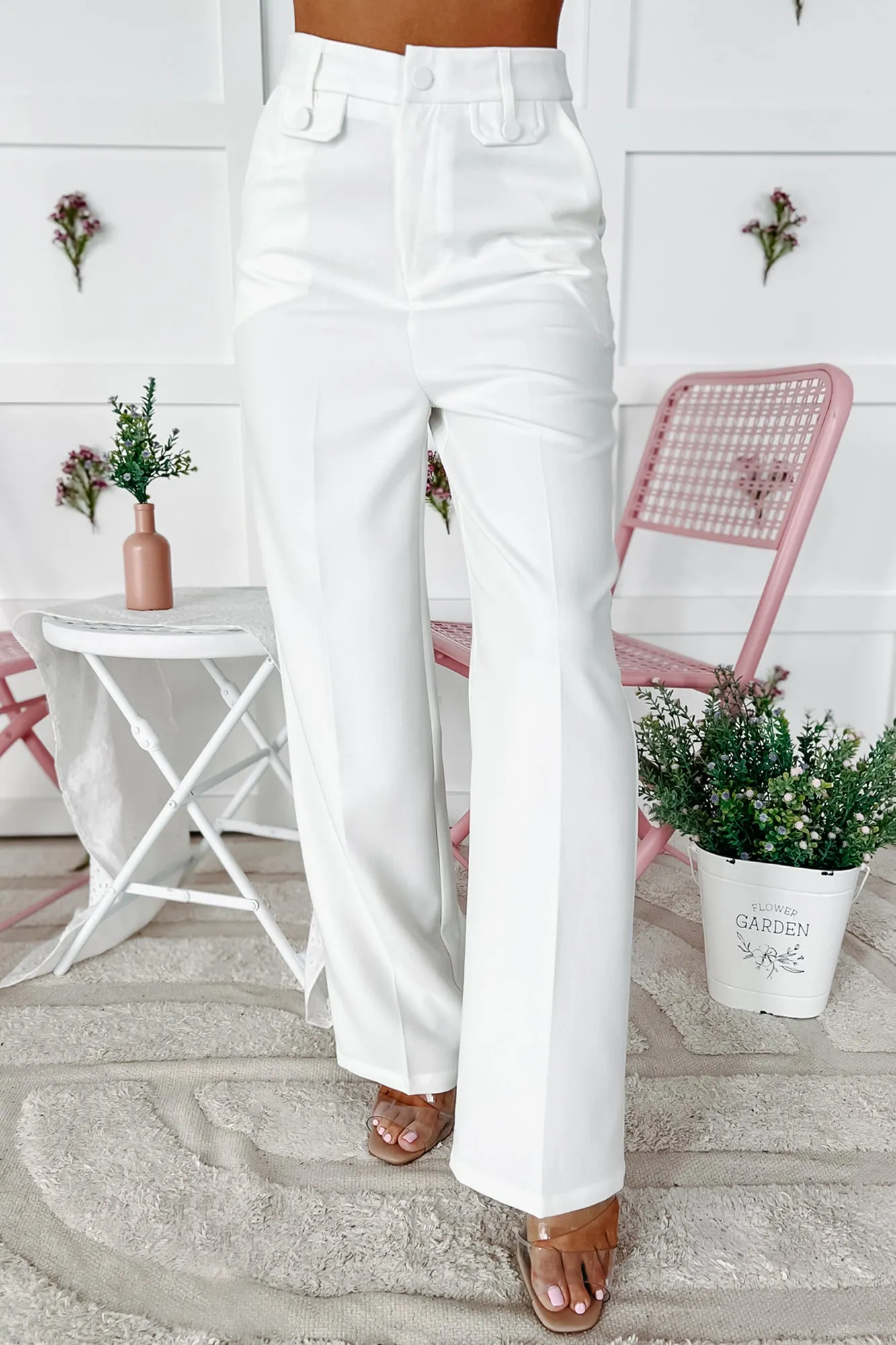 Crunching Numbers High Waisted Straight Leg Pants (White)