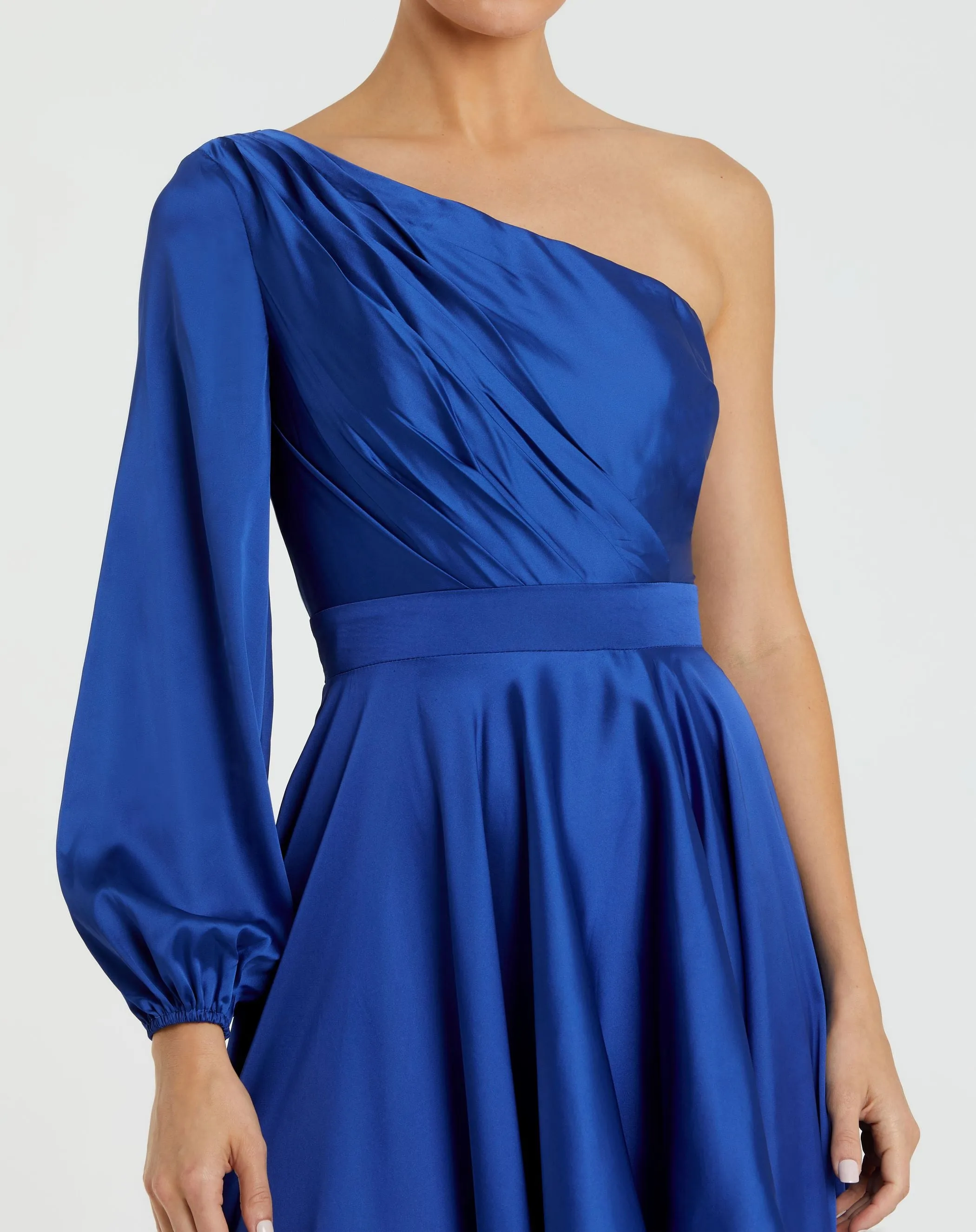 Dark Blue Long Sleeve One Shoulder Satin High Low A-line Gown