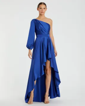 Dark Blue Long Sleeve One Shoulder Satin High Low A-line Gown