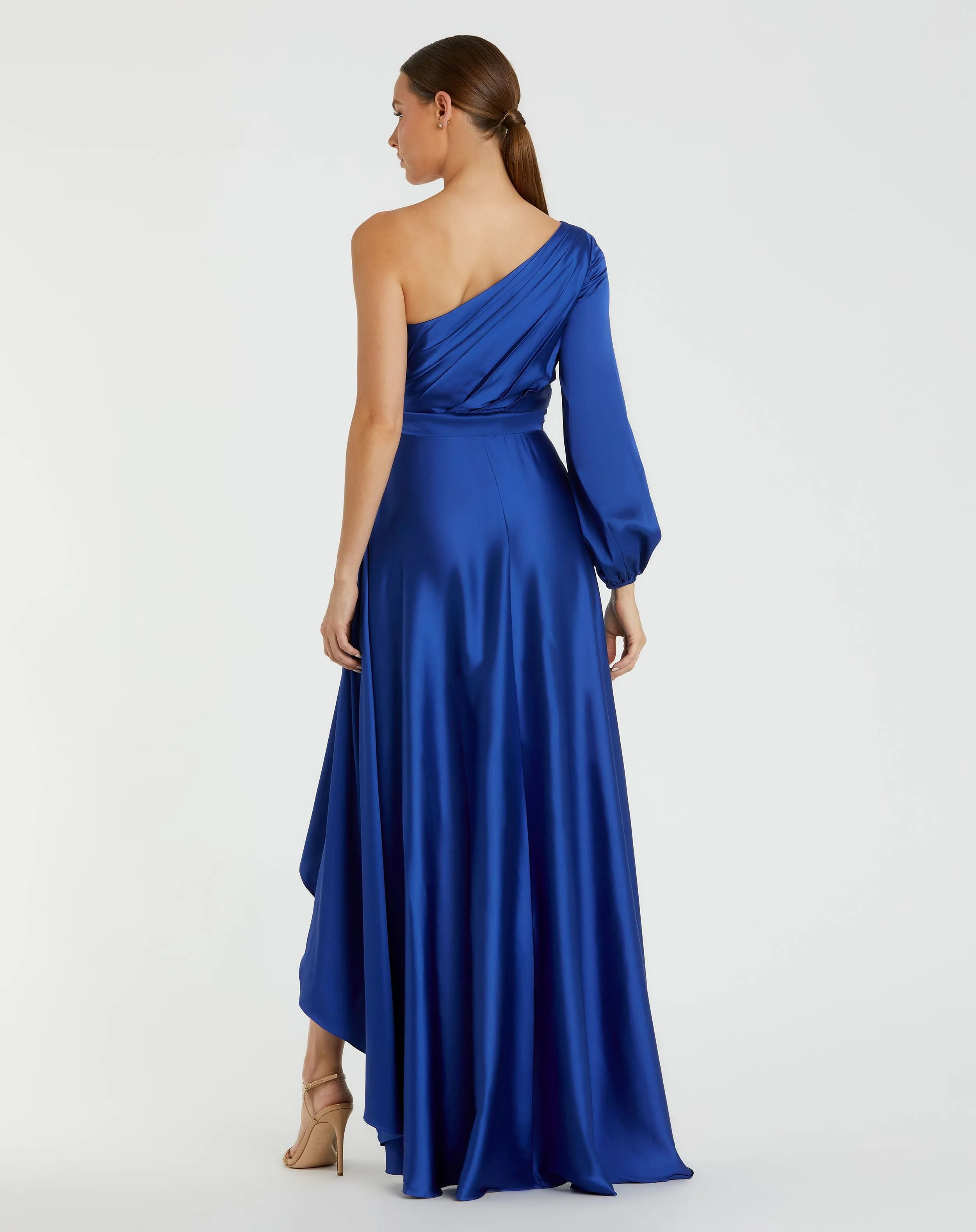 Dark Blue Long Sleeve One Shoulder Satin High Low A-line Gown