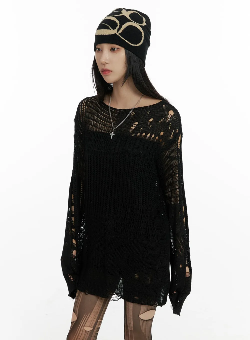 Dark Grunge Damaged Mesh Knit Top CF428