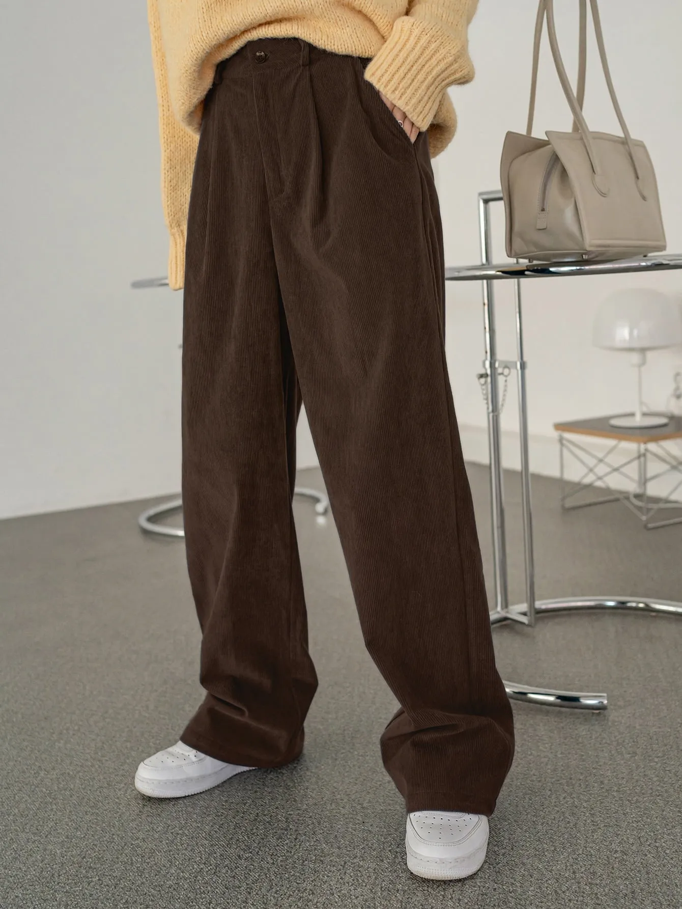 DAZY High Waist Plicated Detail Corduroy Pants