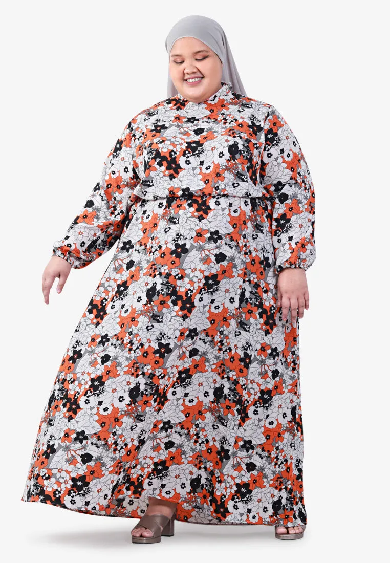 Dolores Gathered Waist Long Dress - White Orange Floral