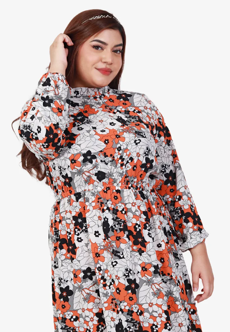 Dolores Gathered Waist Long Dress - White Orange Floral