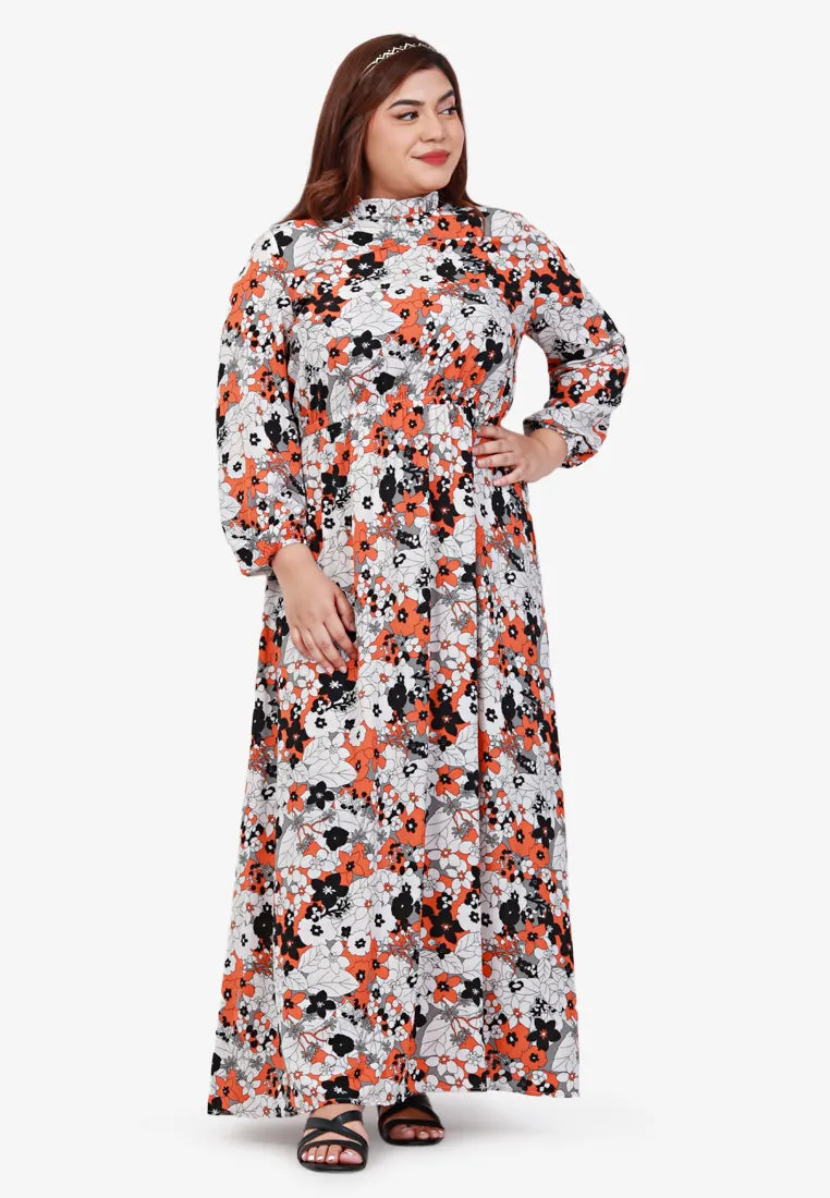 Dolores Gathered Waist Long Dress - White Orange Floral