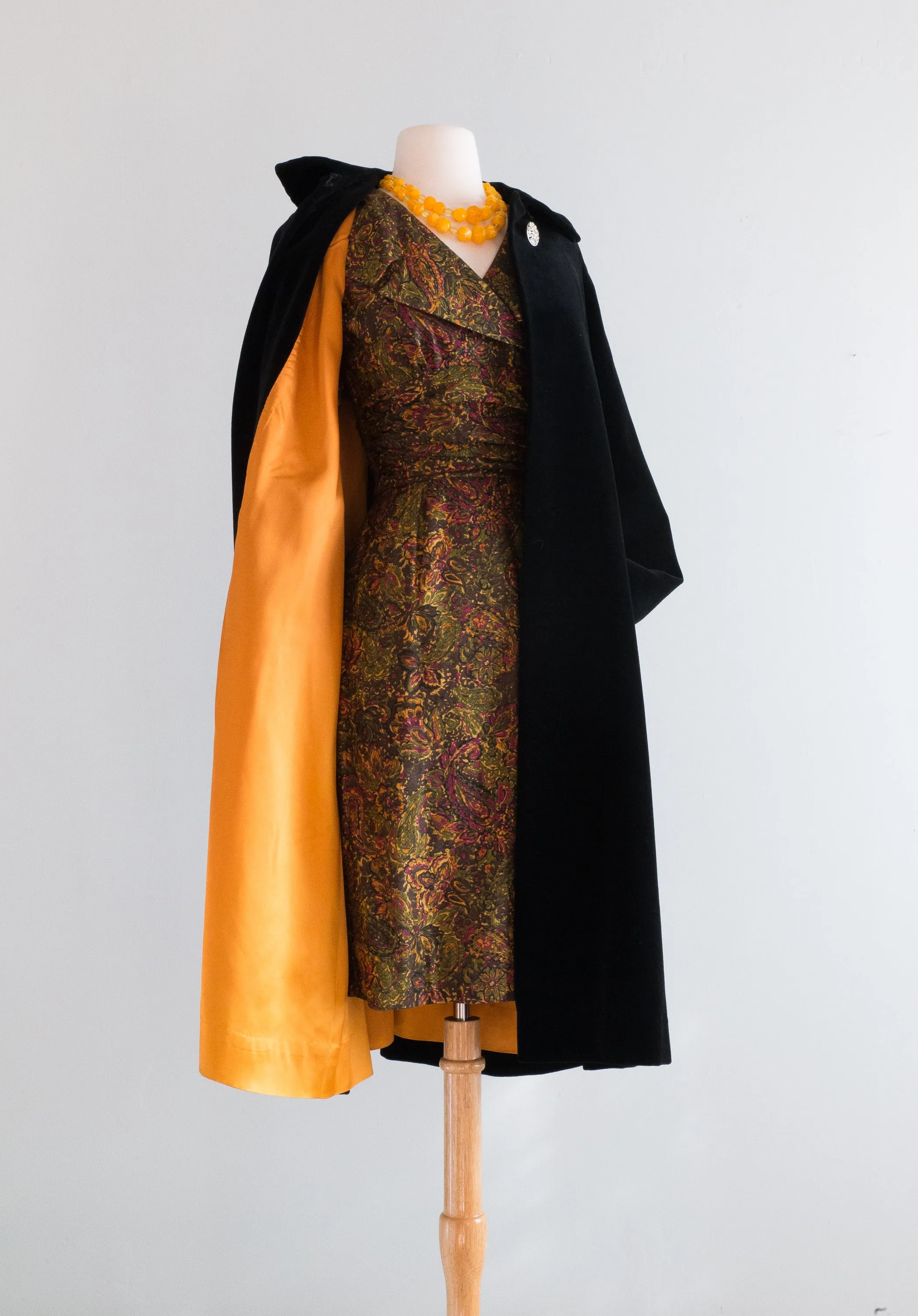 Dramatic 1950's Black Velvet Swing Coat With Gleaming Marigold Lining / Medium