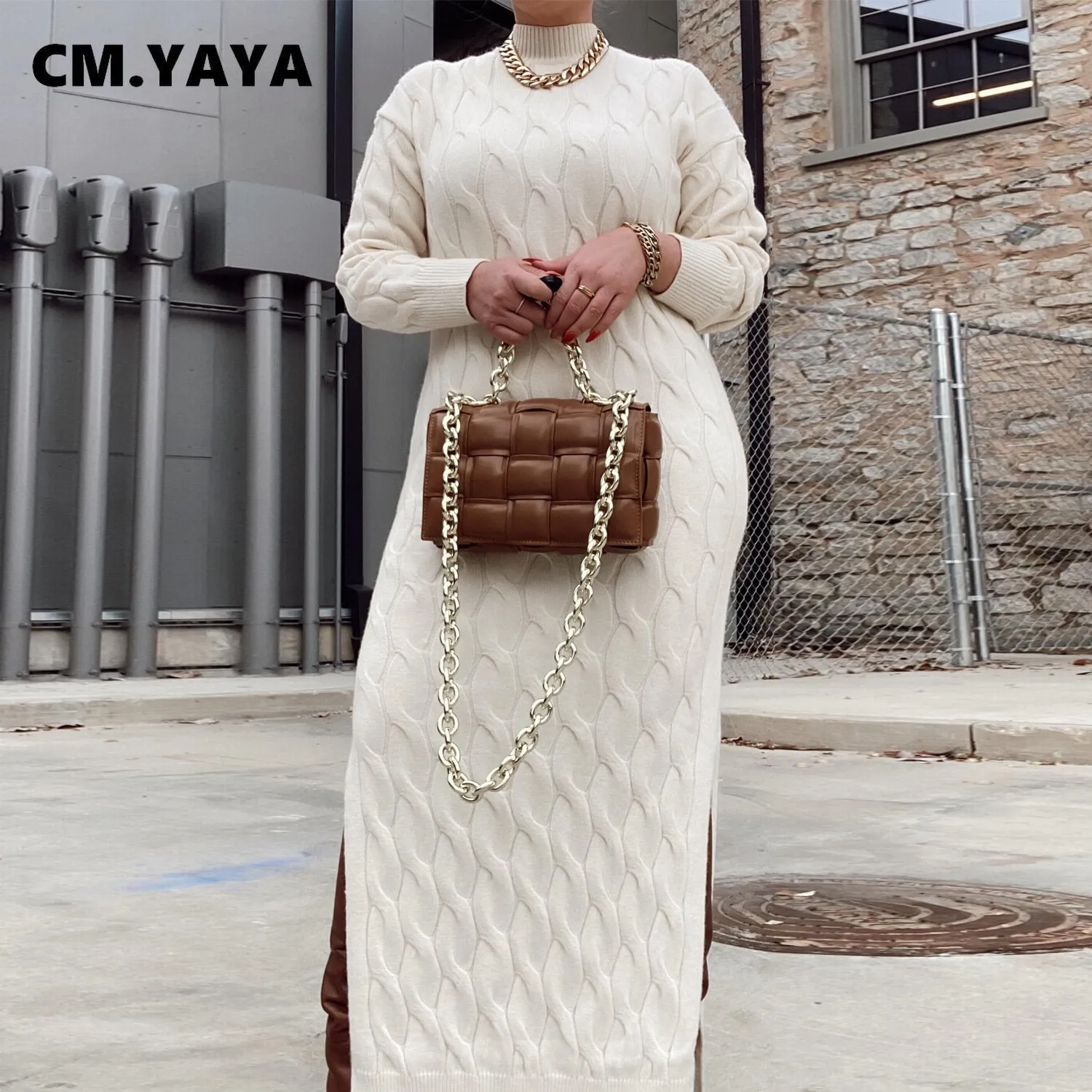 Elegant Warm Knit Turtleneck  Maxi Long Dress