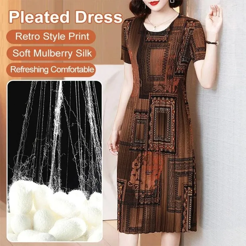 Fashionable Pleated Dress chiffon retro high-end foreign air large thin skirt pleated print dress summer o neck dress XL B-52185