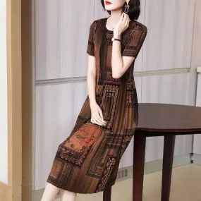 Fashionable Pleated Dress chiffon retro high-end foreign air large thin skirt pleated print dress summer o neck dress XL B-52185