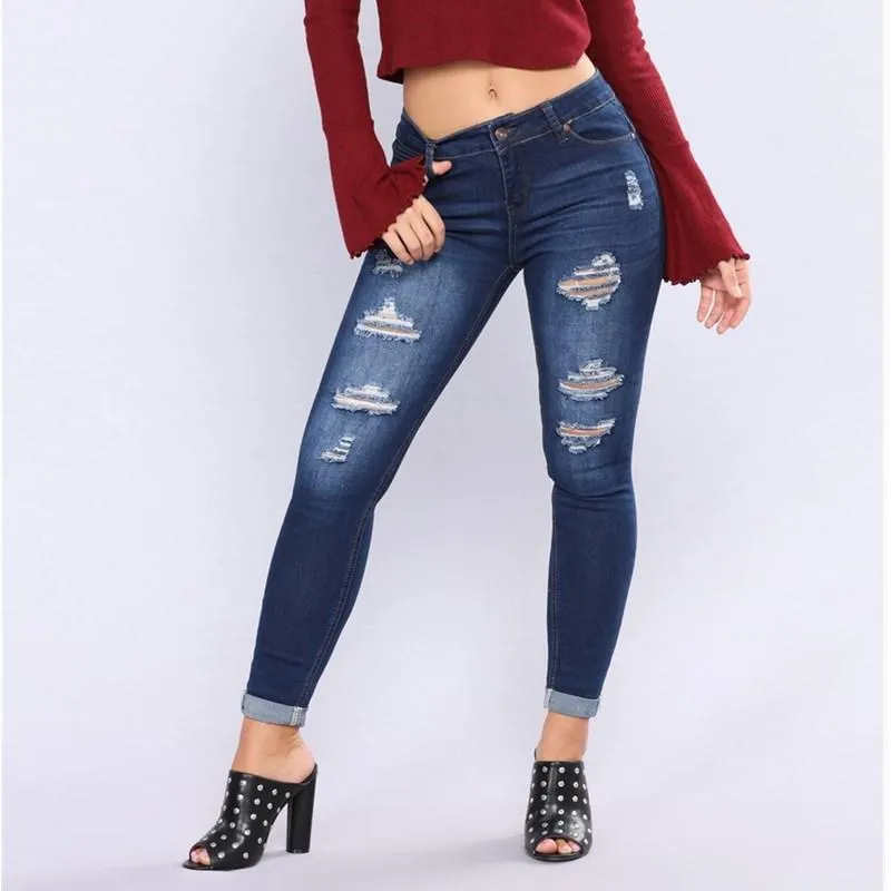 FashionSierra - Women's ripped mid rise cropped jeans skinny cuffed lifting tight jeans