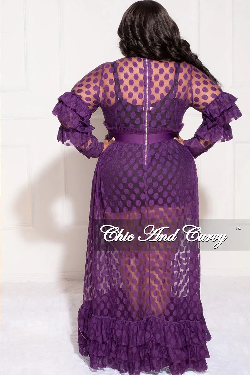 Final Sale Plus Size Polka Dot Sheer Maxi Dress with Ruffle Sleeves and Bottom in Purple