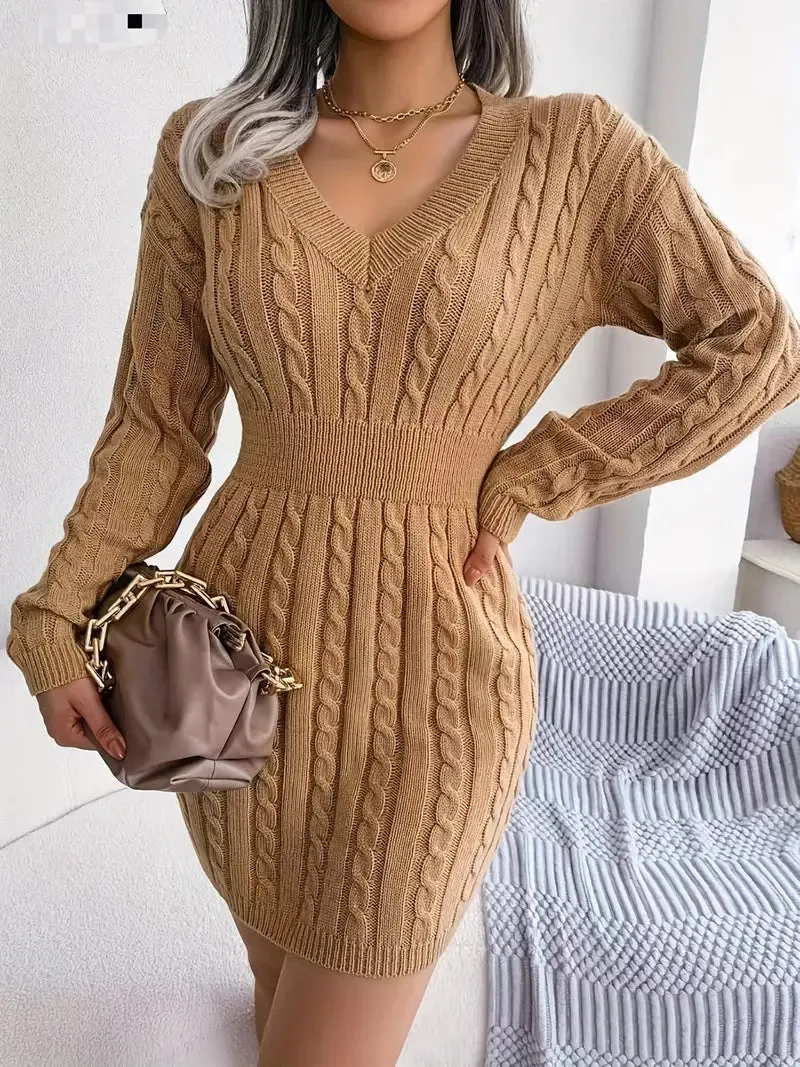 Flytonn- Cable Knit V Neck Sweater Dress