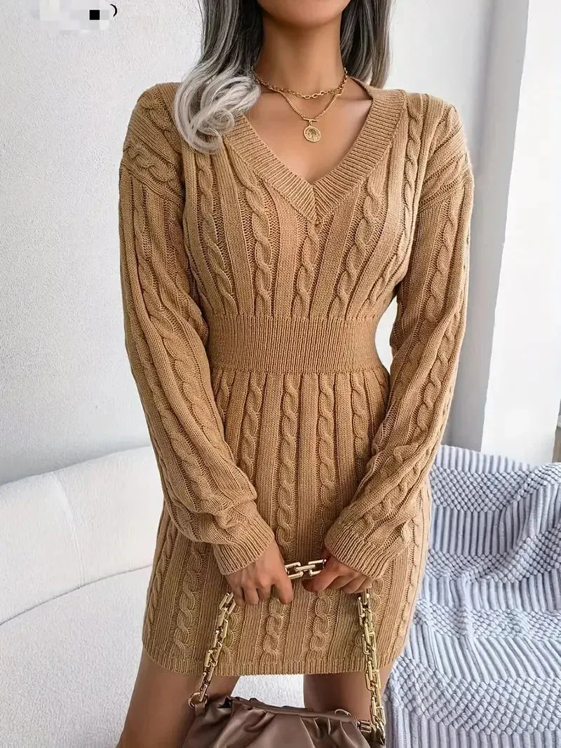 Flytonn- Cable Knit V Neck Sweater Dress