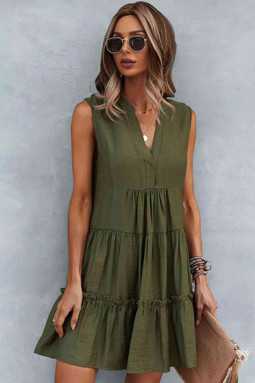 Frill Trim Notched Sleeveless Tiered Dress