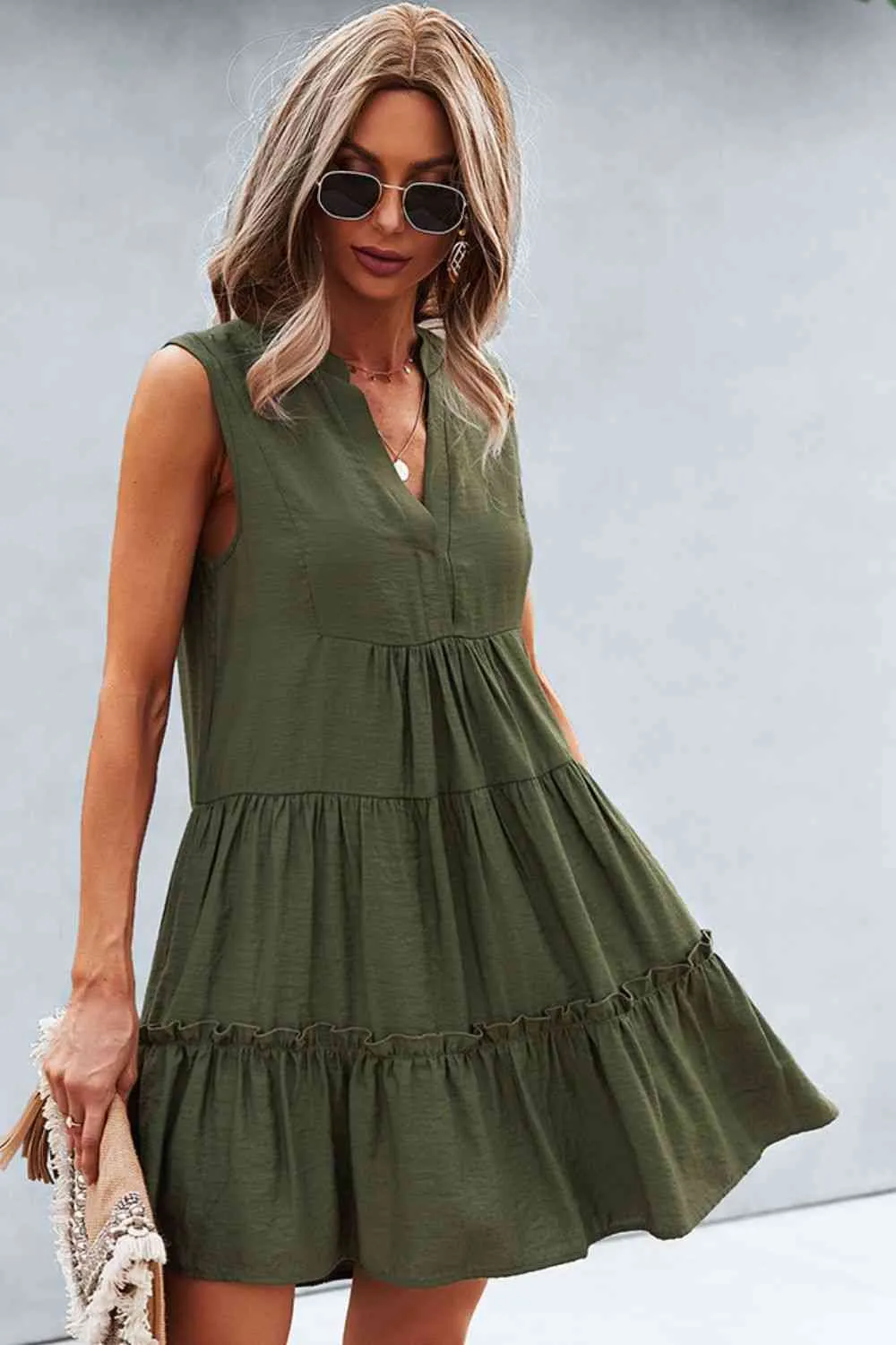 Frill Trim Notched Sleeveless Tiered Dress