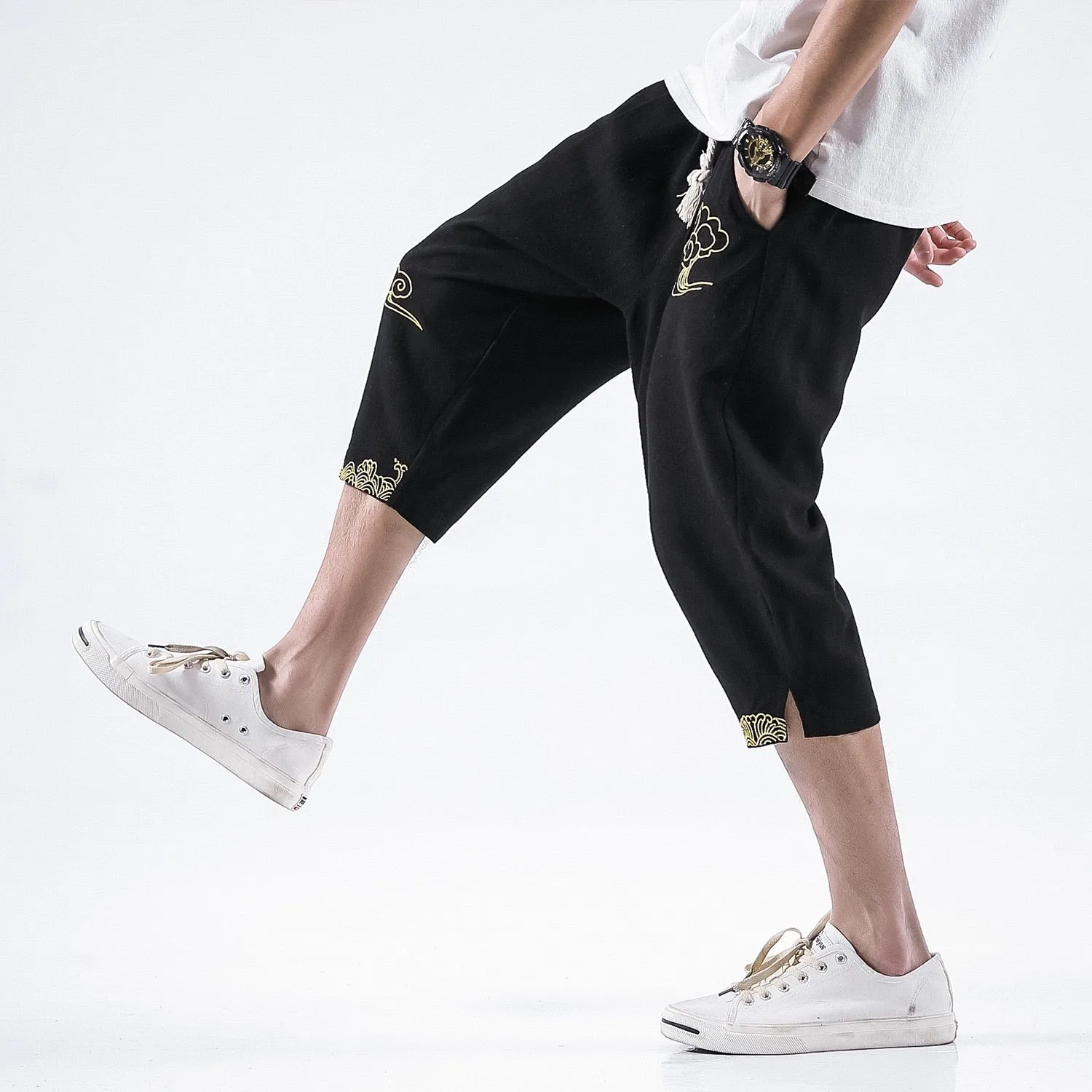 Golden Cloud Drawstring Cropped Pants