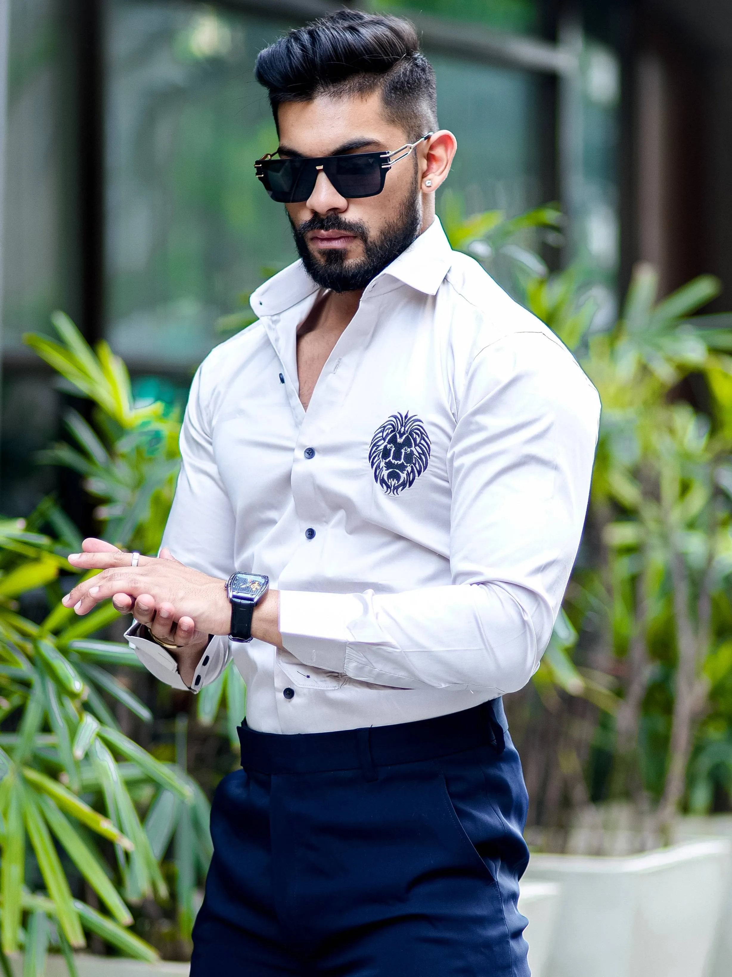 Grey Black Embroidered Mufasa Luxury Shirt For Men's