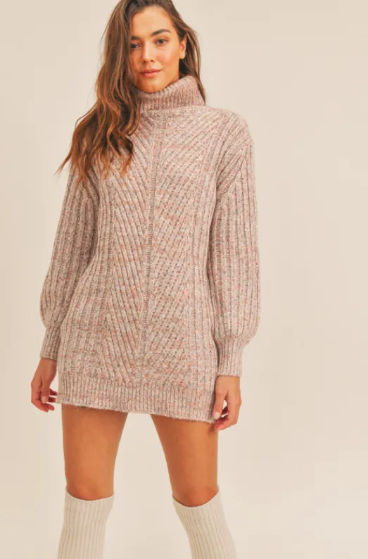 High Neck Balloon Sleeve Sweater Dress (Multi Colour   Cream)