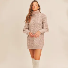 High Neck Balloon Sleeve Sweater Dress (Multi Colour   Cream)