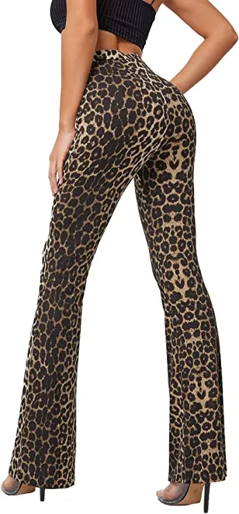 High Waist Brown Cheetah Printed Flare Leg Pants