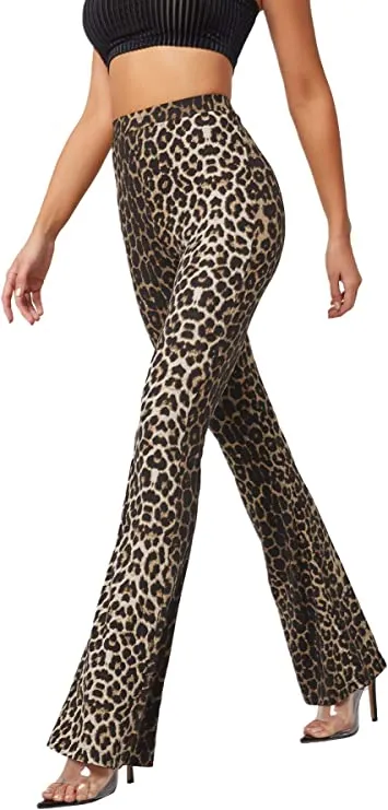 High Waist Brown Cheetah Printed Flare Leg Pants