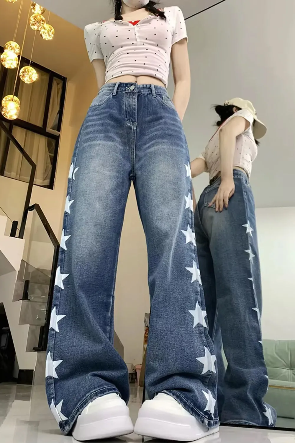 High Waist Stars Side Printed Loose Jeans Pants