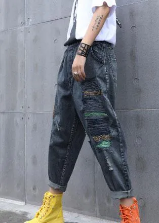 High waist summer nine points embroidery vintage broken hole carrot pants