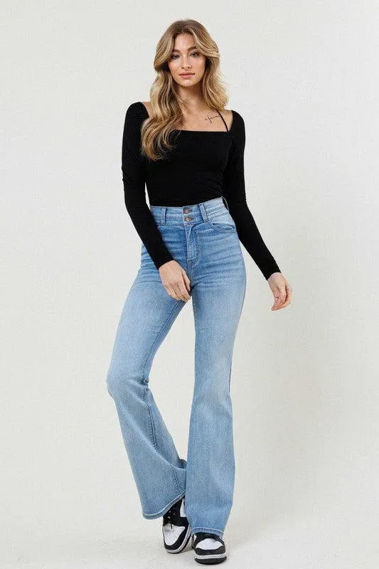 High Waisted Flare Jean in Light Stone