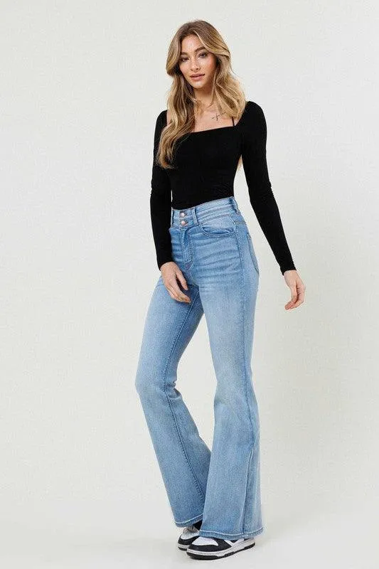 High Waisted Flare Jean in Light Stone