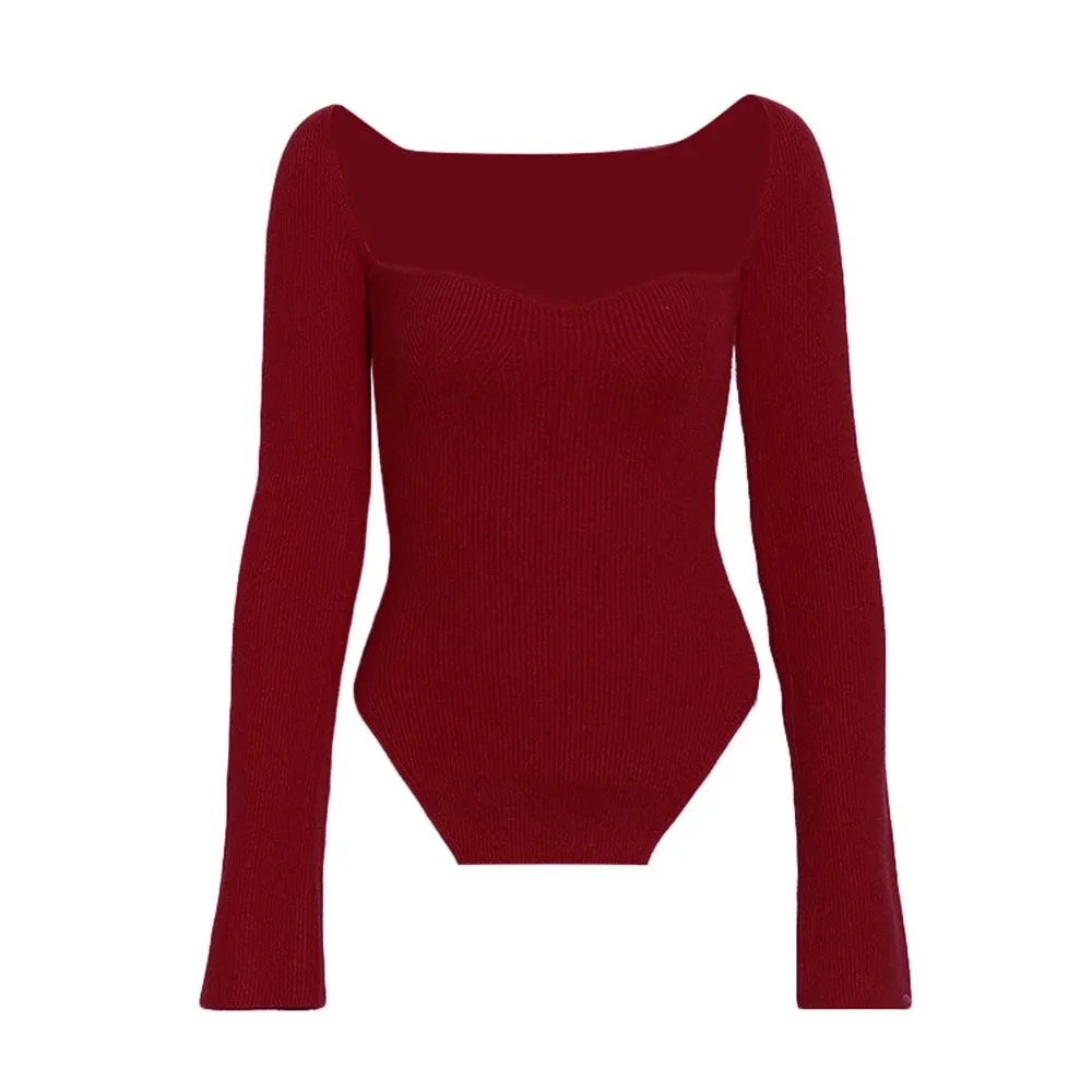 Irregular Knitting Sweaters For Women Square Collar Long Sleeve Solid Slimming Pullover Sweater Female Autumn Fashion Style