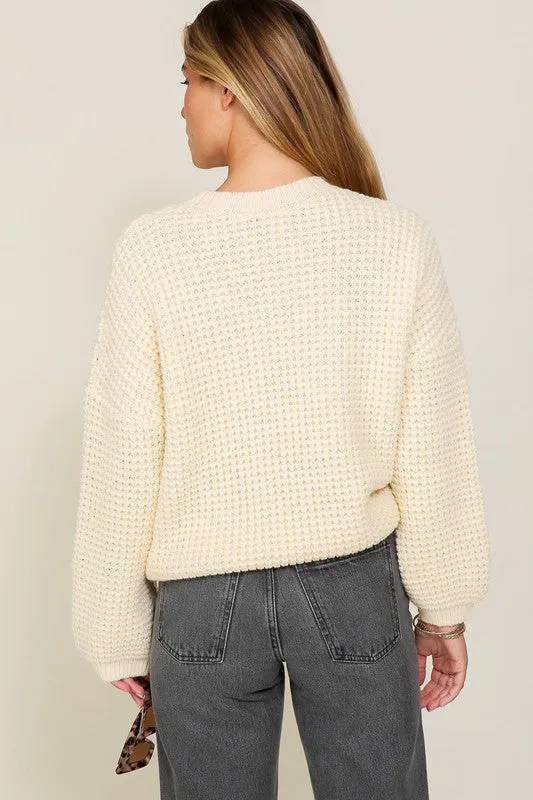 Ivory Waffle Stitch Round Neck Sweater