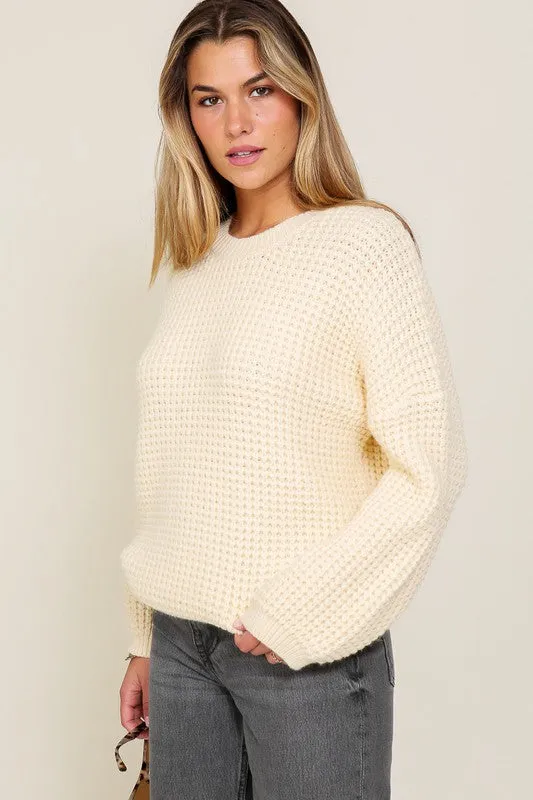 Ivory Waffle Stitch Round Neck Sweater