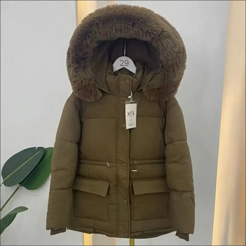 Ladies Quilted Big Fur Collar Hooded Parka Coat for Winter Style