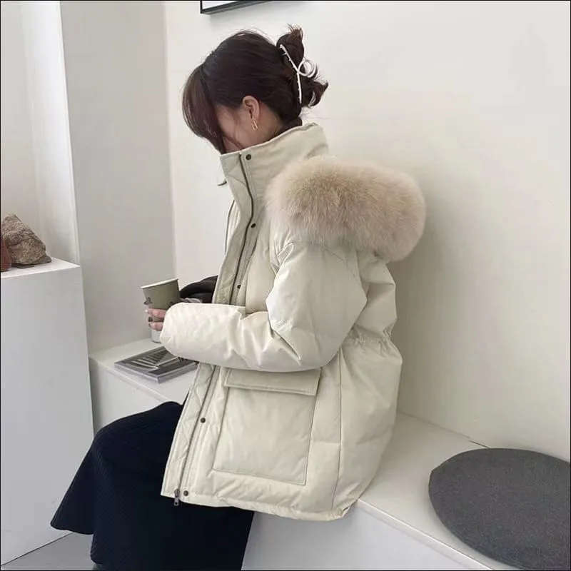 Ladies Quilted Big Fur Collar Hooded Parka Coat for Winter Style