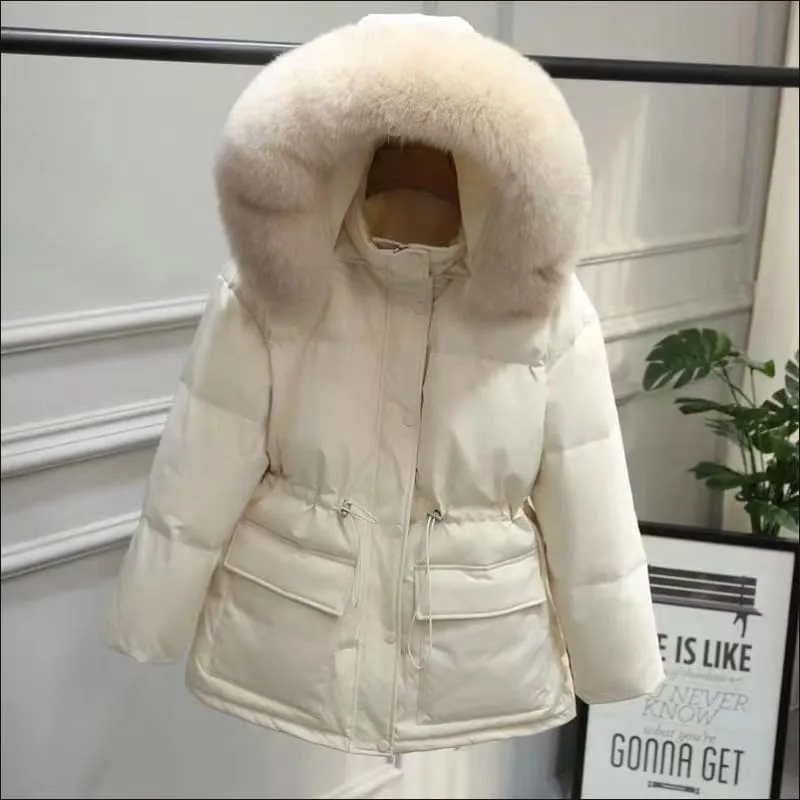 Ladies Quilted Big Fur Collar Hooded Parka Coat for Winter Style