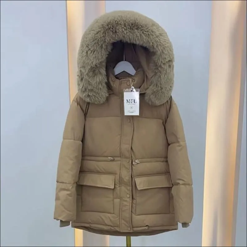 Ladies Quilted Big Fur Collar Hooded Parka Coat for Winter Style