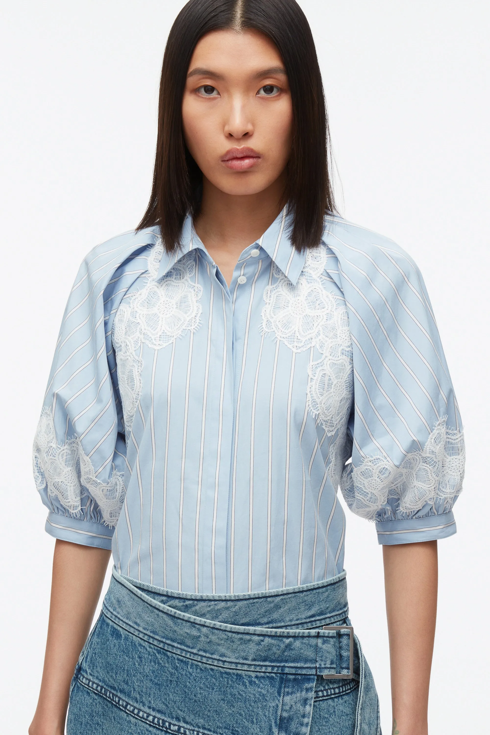 Lantern Sleeve Stripe Shirt with Lace