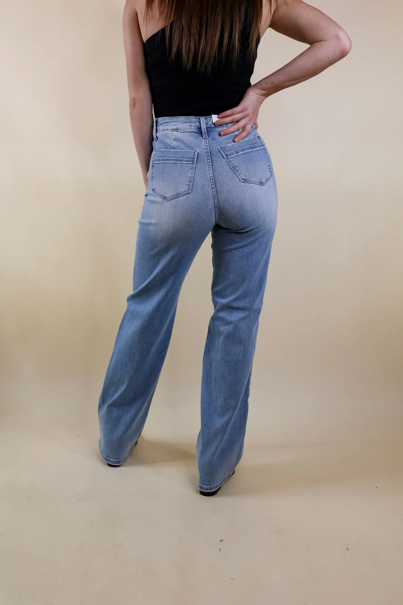 Last Chance Size 18W,  22W & 24W | Judy Blue | Touched My Soul Wide Leg Jeans with Pocket Details in Light Wash