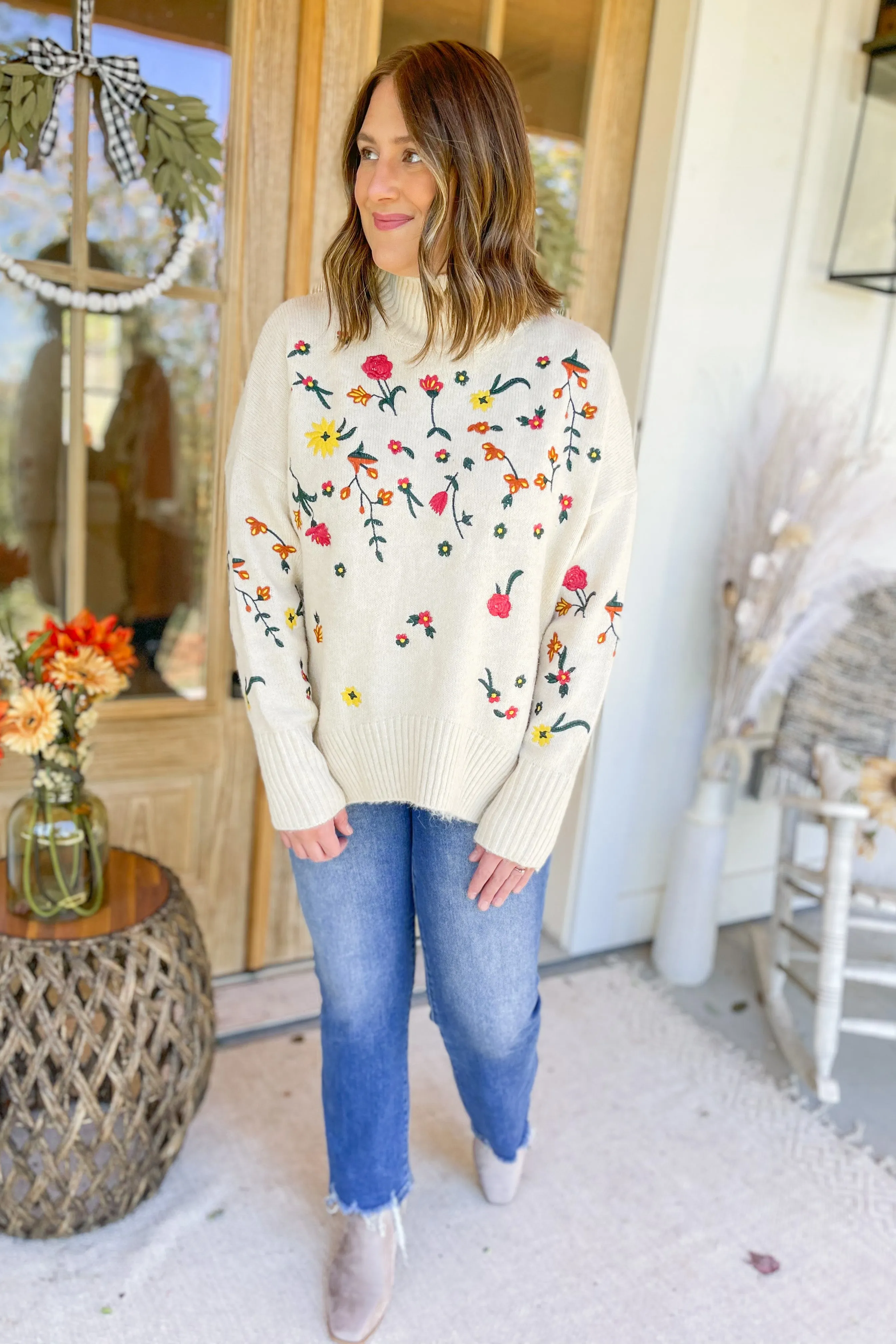 Laural Floral Embroidery Turtle Neck Sweater