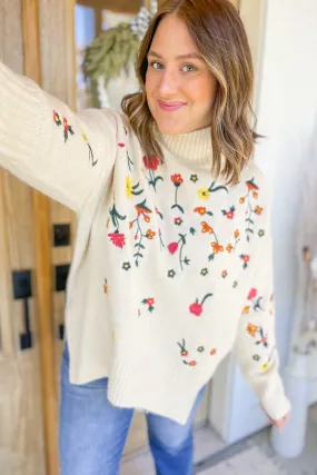 Laural Floral Embroidery Turtle Neck Sweater