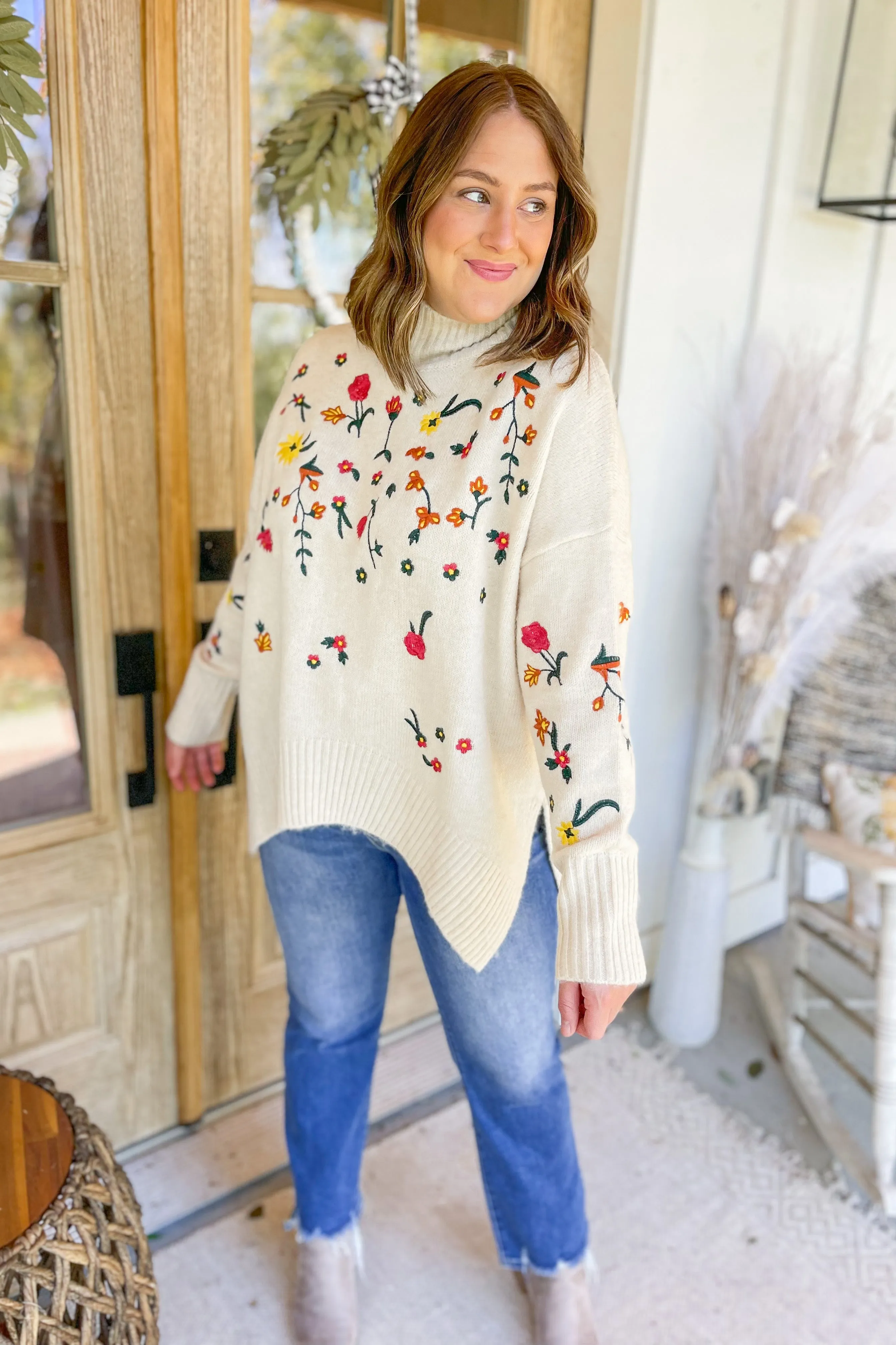 Laural Floral Embroidery Turtle Neck Sweater